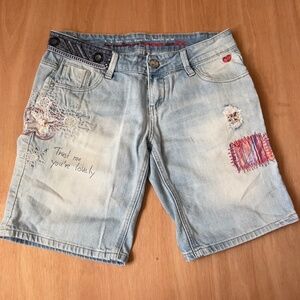 Desigual denim jean shorts women's size 28 patch work embroidered distressed